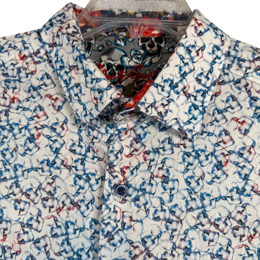 Robert Graham Shirt Mens Large White Blue Red Skull Print Short Sleeve